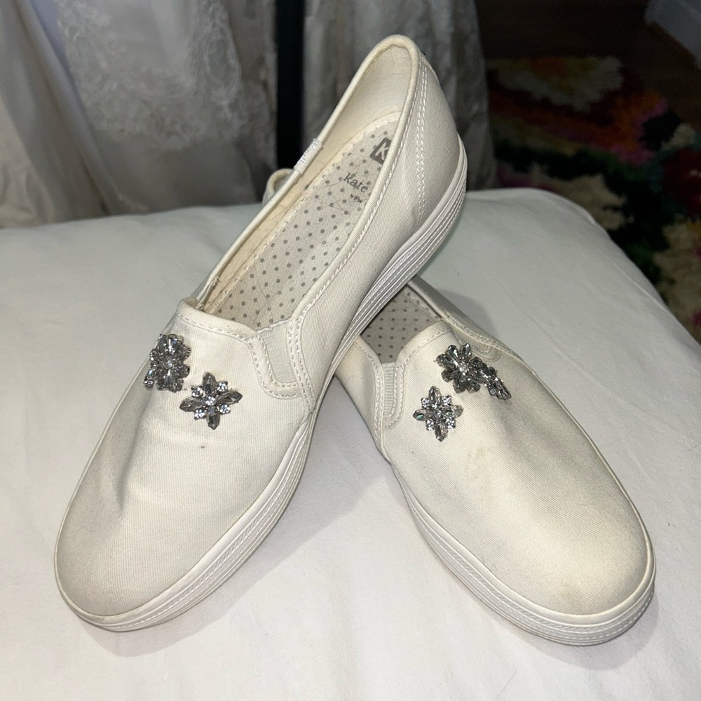 White Bridal Keds x Kate Spade Flats with Diamond Beading